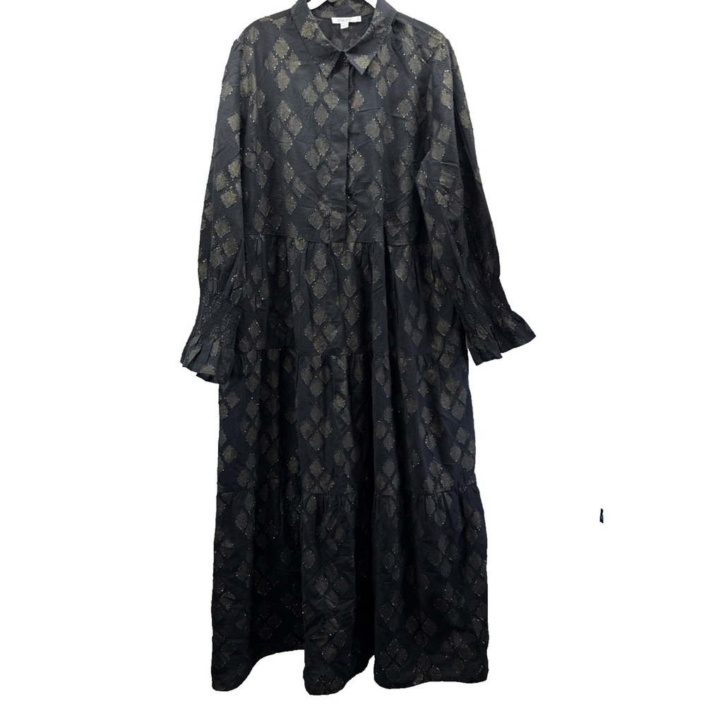 Chicos Womens Maxi Dress Sz XL Black Gold Puff Sleeve Tiered Smocked Boho Gothic